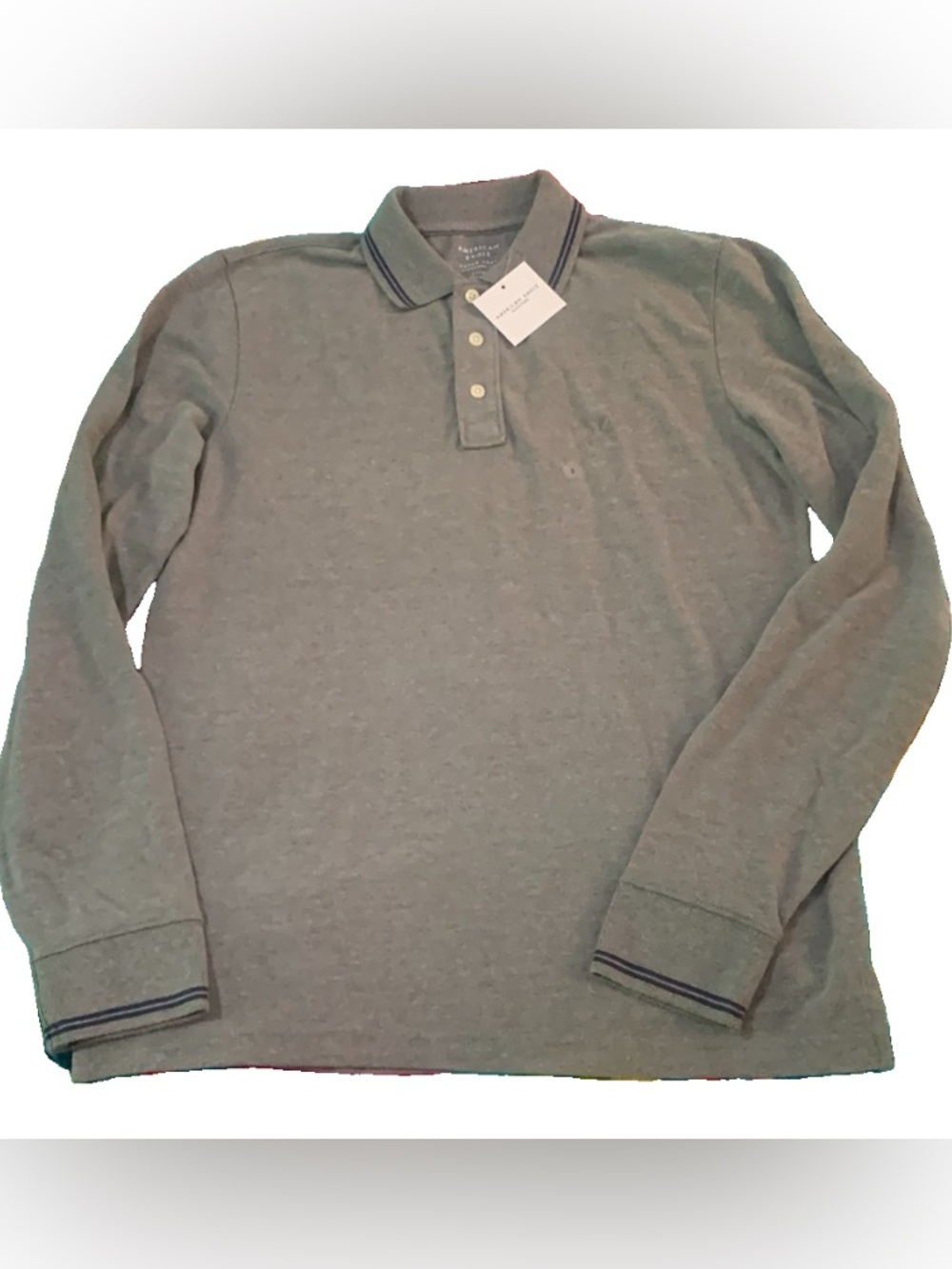 American Eagle Outfitters Long-Sleeve Polo - Heather Gray with Navy Trim